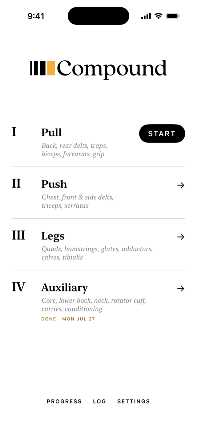 The Compound home screen: the four days listed in order, with a START button on the next one.