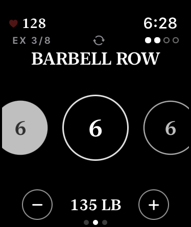 Barbell Row on the watch, exercise three of eight: set circles with the current one at 6, and the weight, 135 lb, between minus and plus.